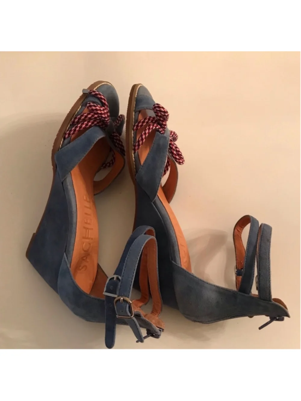 Sachelle Blue Suede Wedge Sandals Rope Bow Ankle Strap Zip Back Women’s Size 9.5
